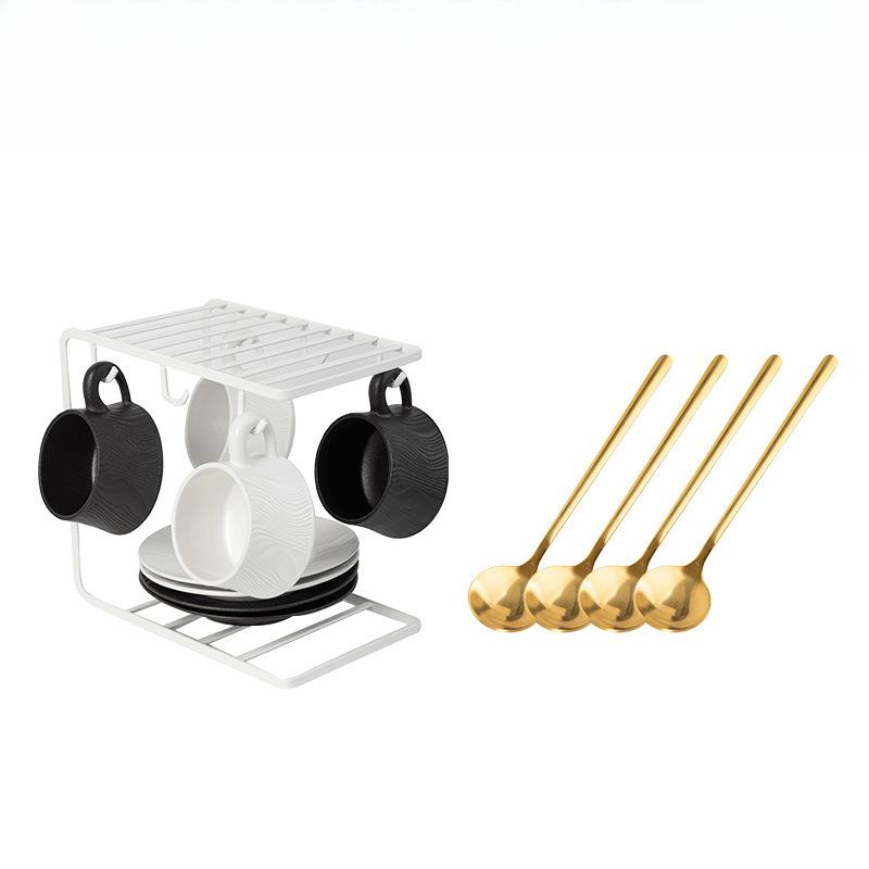 Capuccino Cups with Saucers and Metal Stand, 250ml Ceramic Coffee Cup Espresso Shots Cup Small Coffee Cups, Black and White