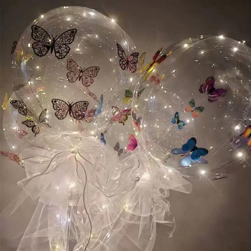 Colorful butterfly LED transparent balloon light with pole (excluding battery) for wedding, birthday and anniversary decoration