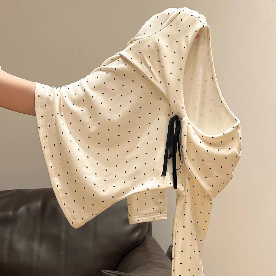 Autumn and Winter Warm German Velvet Long-sleeved Top, Women's Korean Full-printed Polka Dot Bow, Sweet and Thin Bottoming Shirt