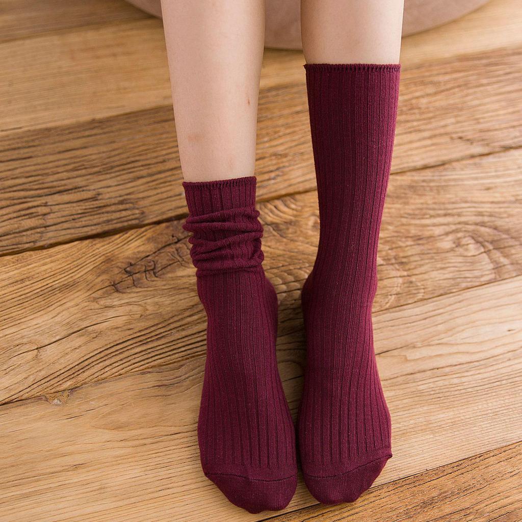 Autumn & Winter Women's Ribbed Cotton Mid-Calf Socks - Japanese Style, Solid Color, Double Needle.