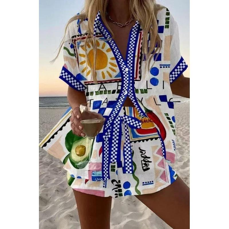 1116 spring and summer European and American fashion women's clothing printed loose shorts short-sleeved shirts cartoon POD fixed