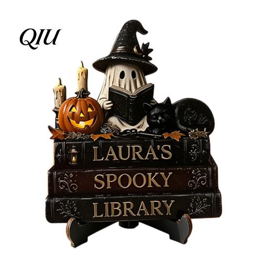 Halloween Party Tabletop Centerpieces Reading Ghost Figurine, Wooden Desktop Ornaments, Vintage Pumpkin Decor Statue with Stand for Home Fireplace