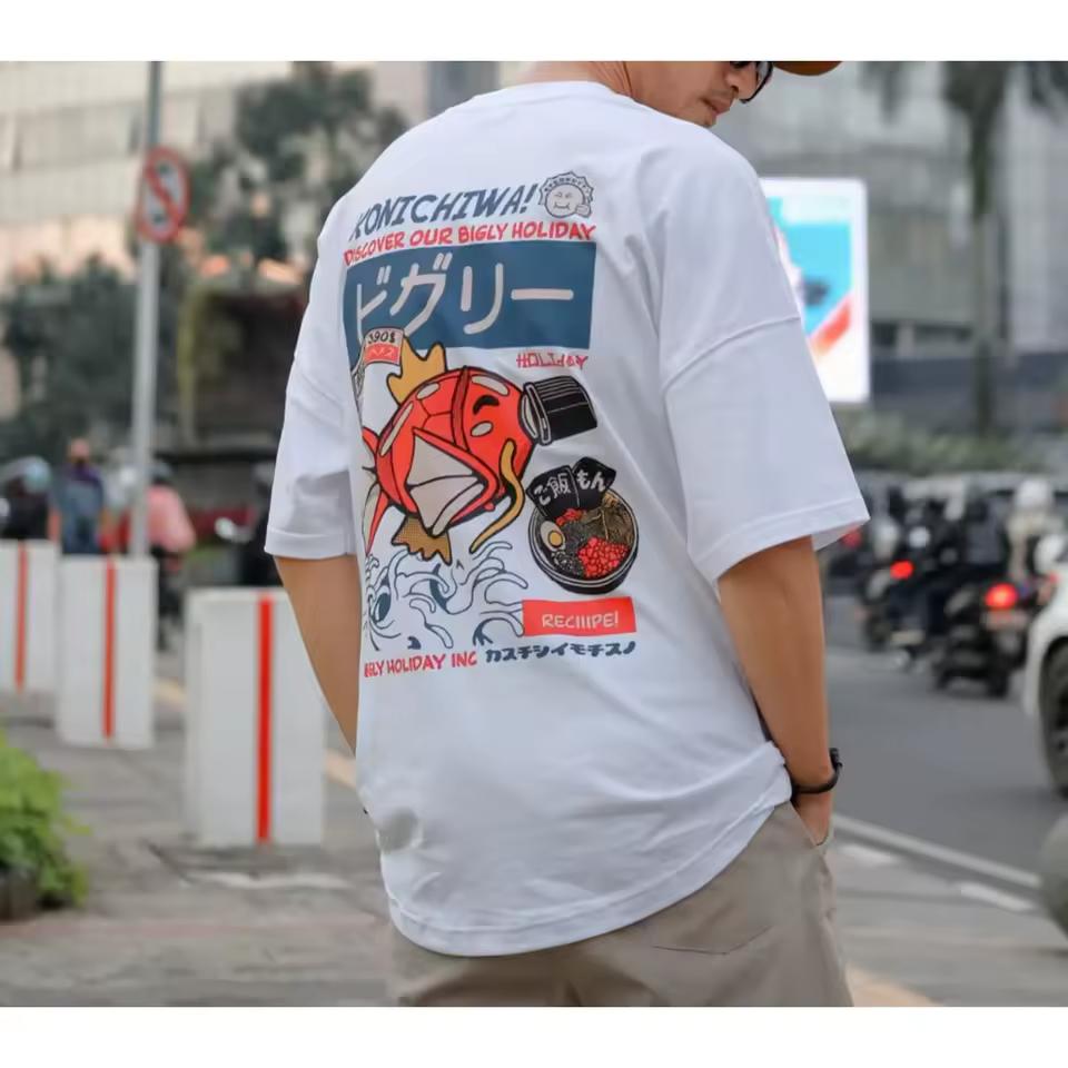 Hip Hop Street T-Shirt Harajuku Japanese Kanji Fun Fish Fashion Casual T-Shirt Hot Sell Unisex's Summer Short Sleeve T-Shirt