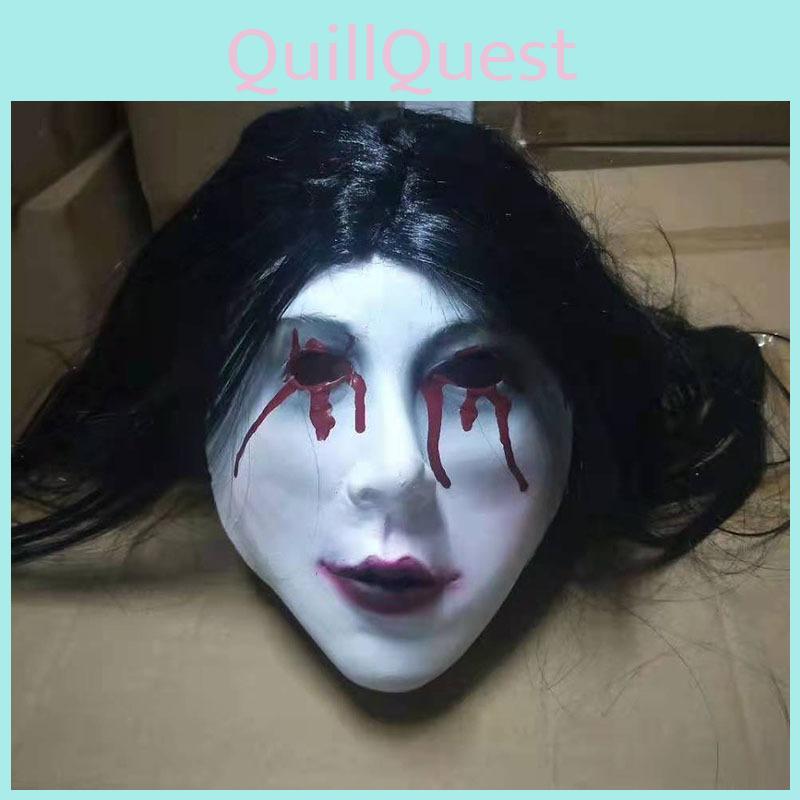 Horror Npc Latex Sadako Maske Mit Langem Haar Und Blutdetail Für Geister-Themenveranstaltungen Und Cosplay