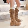Braided rope wasteland autumn and winter women's high knee wind fringed boots slender new fashion suede but boots