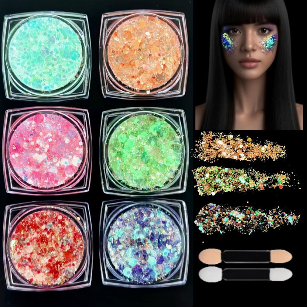 6 Colors Glow in the Dark Body Glitter Gel, Holographic Sequin Face & Hair Glitter for Halloween Party and Festival Makeup