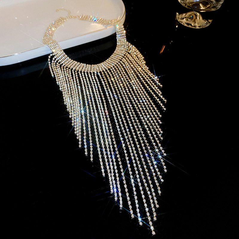Fashion Exaggerated Exquisite Rhinestone Long Tassel Women s Necklace Necklace-Gold
