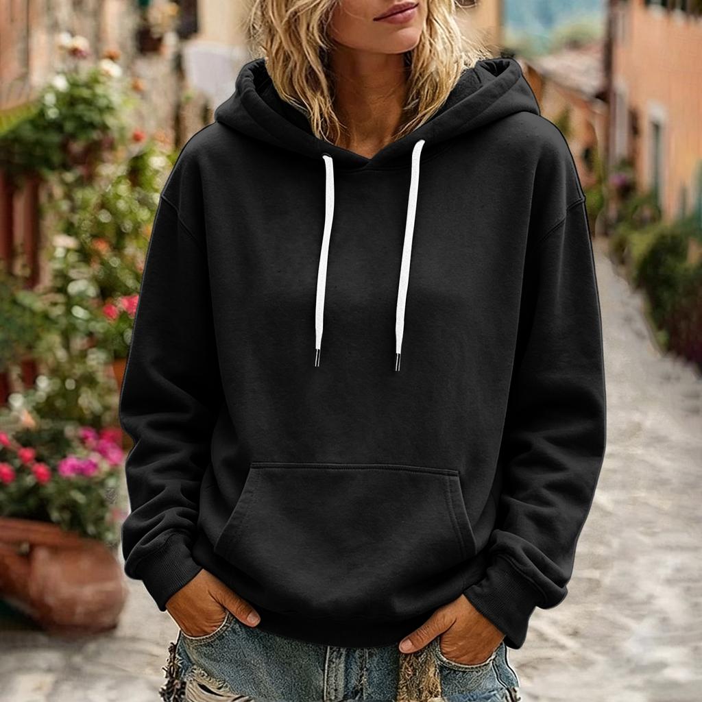 Women's Color Long Sleeve Hoodie with Drawstring Hood and Pocket Casual Pullover