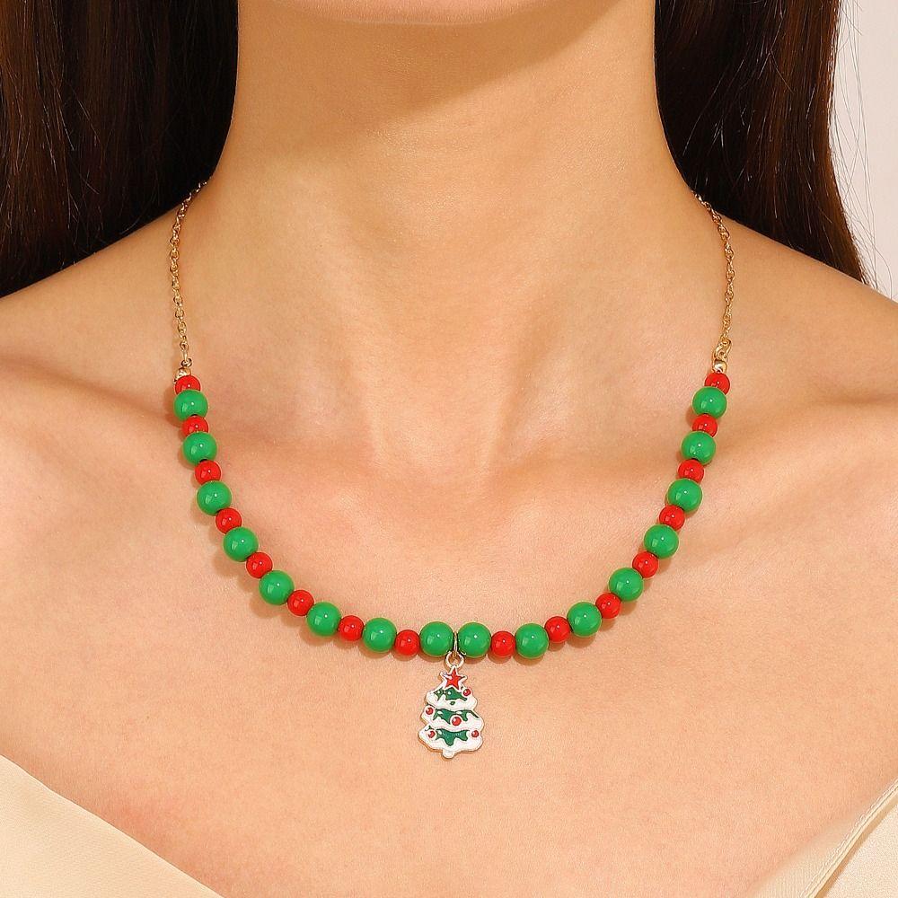 Clavicle Chain Christmas Necklace Christmas Tree Cartoon Pendant Choker Rice Beaded Chain  Girl