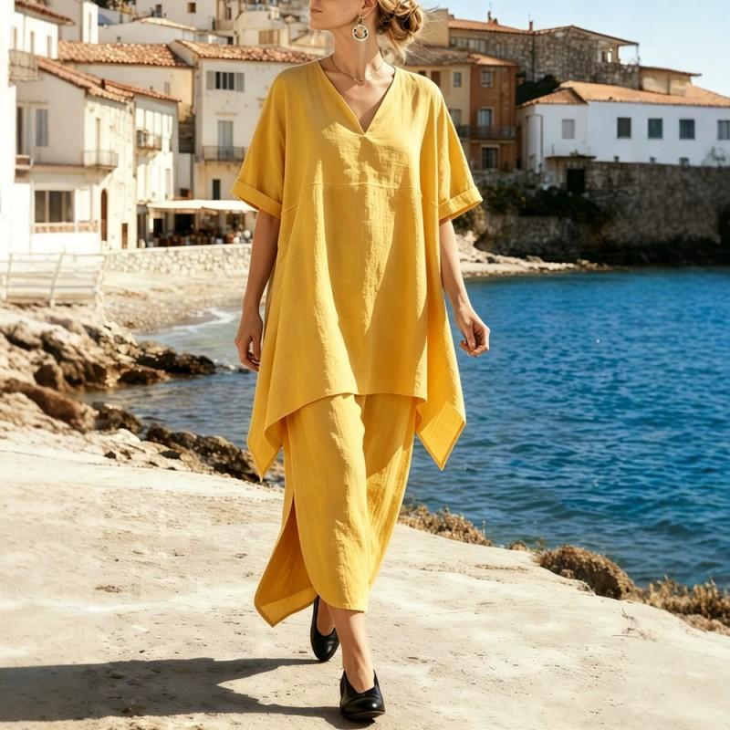 2026 Womens Cotton Blend Casual V-Neck Short Sleeve Maxi Skirt Set In Solid Colors