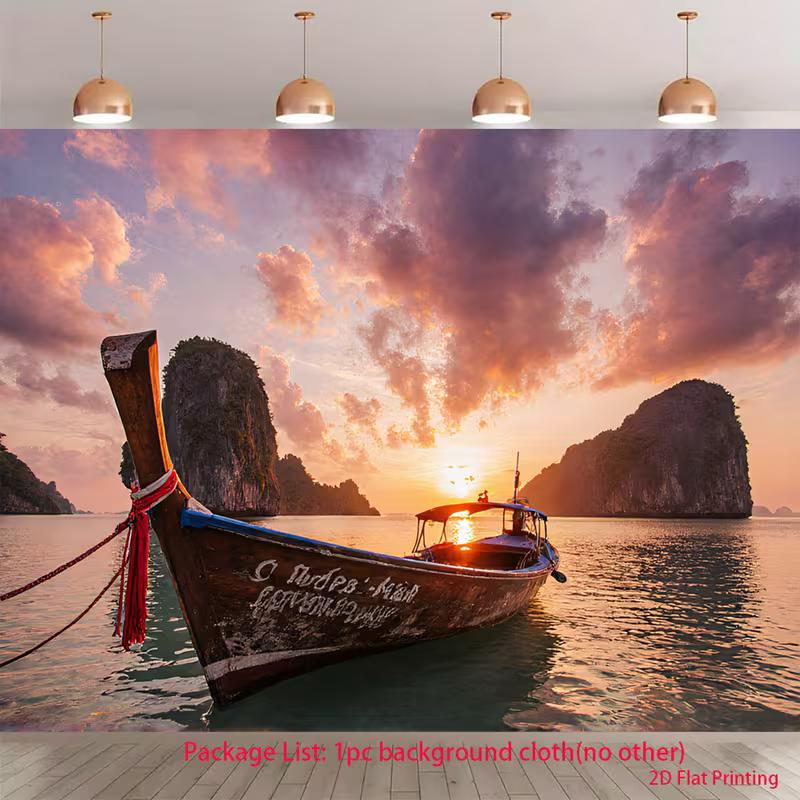 

2D Tropical Island Boat Backdrop 2D Sunset Sea Cliff Photo Background for Themed Shoot 47.2x31.5inch/120*80cm