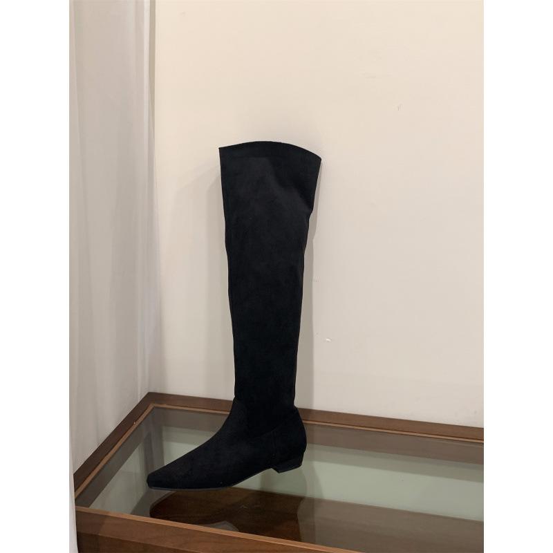 Coarse Heel Khaki Suede Tall Pile Knight Boots Women's Boots 2025 Autumn and Winter V-mouth Skinny Boots