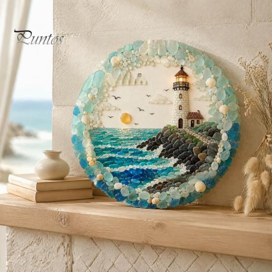 Beach House Decor Lighthouse Sea Glass Art Wall Ornament, Hand Assembled Shells And Tumbled Housewarming Gift for Decor, Style Decorative Hanging