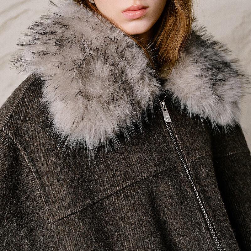 Liberté Collection Fluffy Fur-Collar Wool Blend Coat