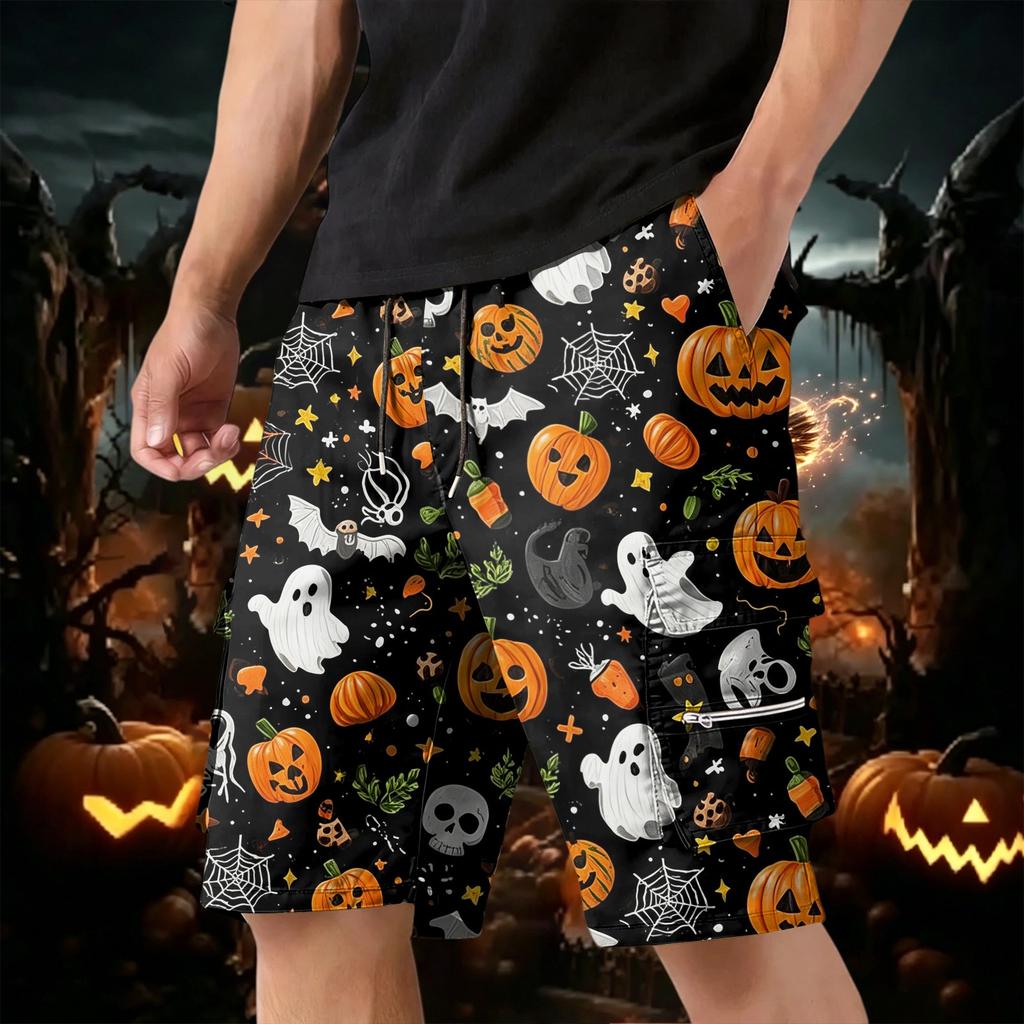 Mens Halloween Multi Pocket Drawstring Cargo Shorts with Pumpkin and Print for Casual Holiday Wear