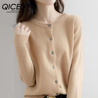 Cárdigan de Punto de Cuello Redondo para Otoño e Invierno para Mujer Suéter Holgado de Talla Grande Abrigo Suéter Inferior de Color Sólido