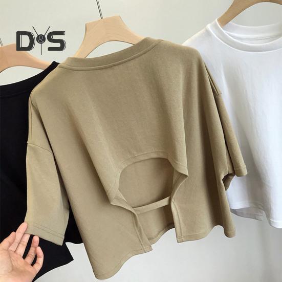 Damen Cropped Tops Rundhals Kurzarm Rücken Hohl Design Einfarbig Tops Sommerferien T-Shirt