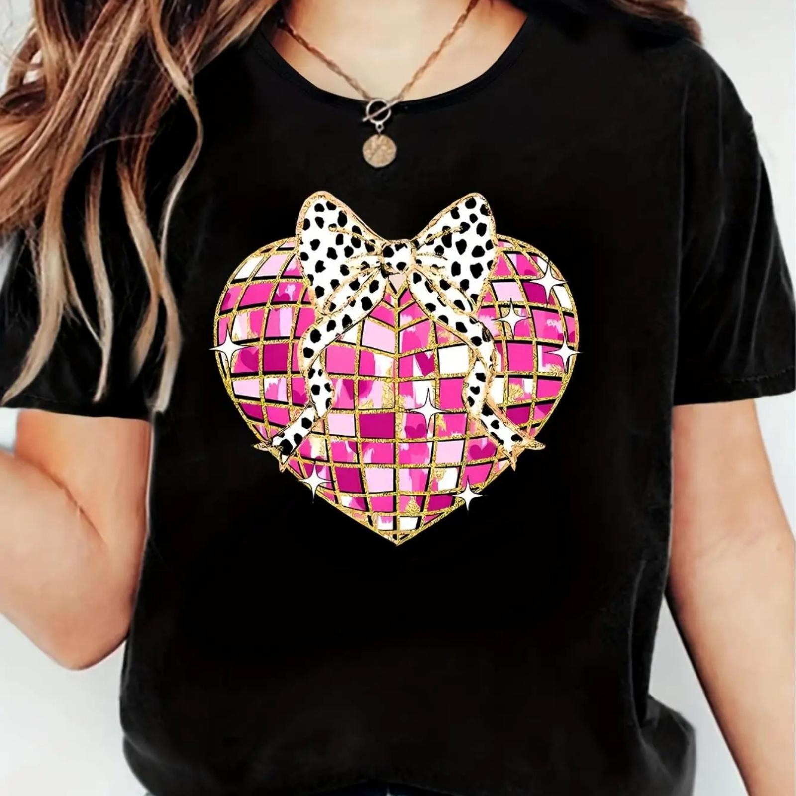 

Women s Casual Summer T-Shirt with Love & Bowknot Graphic - Lightweight, 100% cotton, Crew Neck in Grey with Pink & White Checke XXXXXL чорний