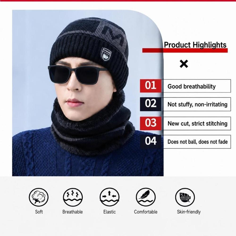 Windproof Neck Warmer Set Plush Lined Hat Scarf Combo Casual Knitted Beanie Set  For Men