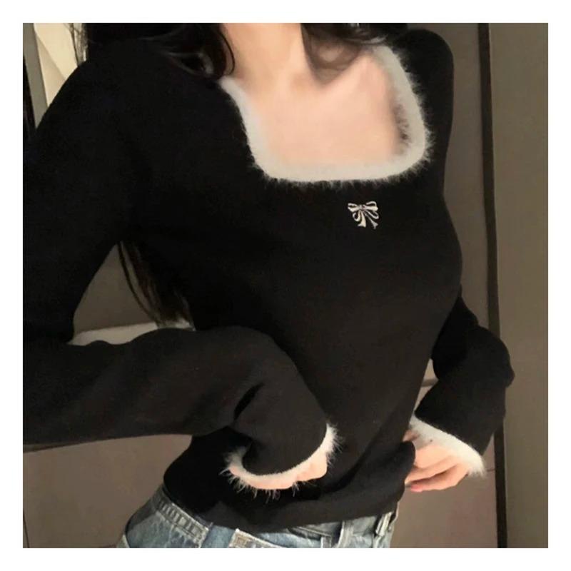 

Женские футболки с вышитыми бабочками, квадратный вырез, длинный рукав, пэчворк, футболки Y2K, повседневные футболки для женщин 2024 года, осень-зима XL чёрный