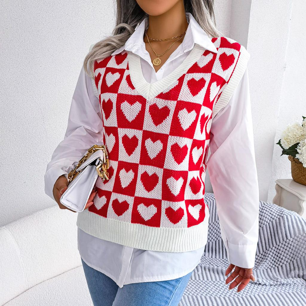 Women V-neck College  Love Knitted Vest Sweater Vest