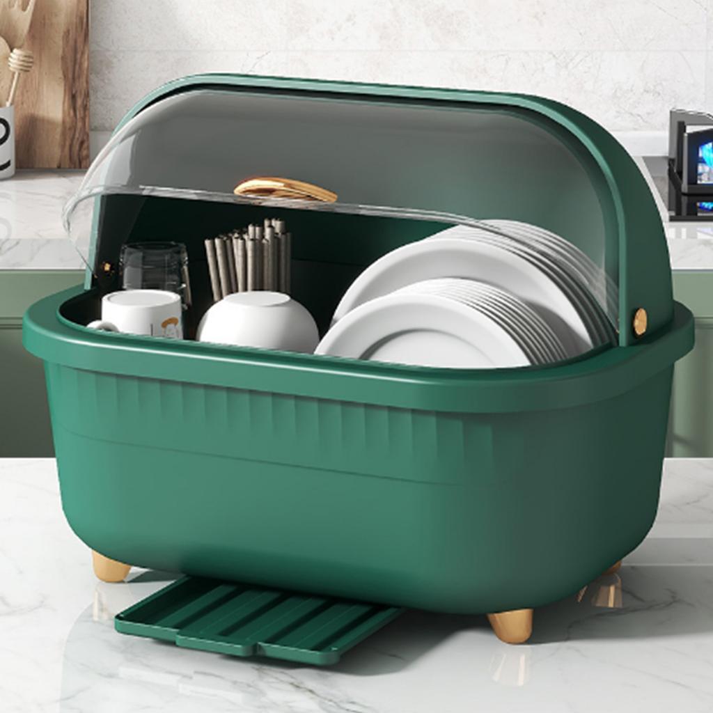 Dish Drying Box Multifunctional Space Saving Dish Drainer with Lid Cover for Kitchen Accessories Green M