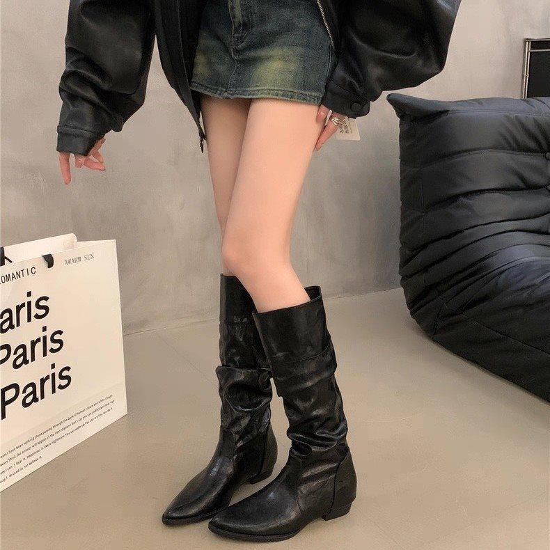 Knight boots versatile high boots inner height increase new boots women pile but knee boots small square head autumn and winter