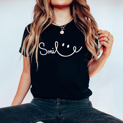 Summer Hot Style Women's Cotton Top with Smile Print, European and American Clothing, Cross-border Women's Fashion