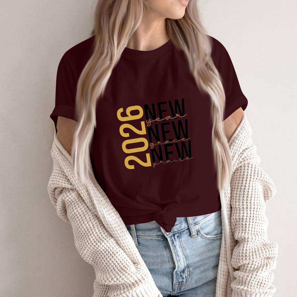 Women's Fashion 2026 New Year Printed Round Neck Short Sleeve Top