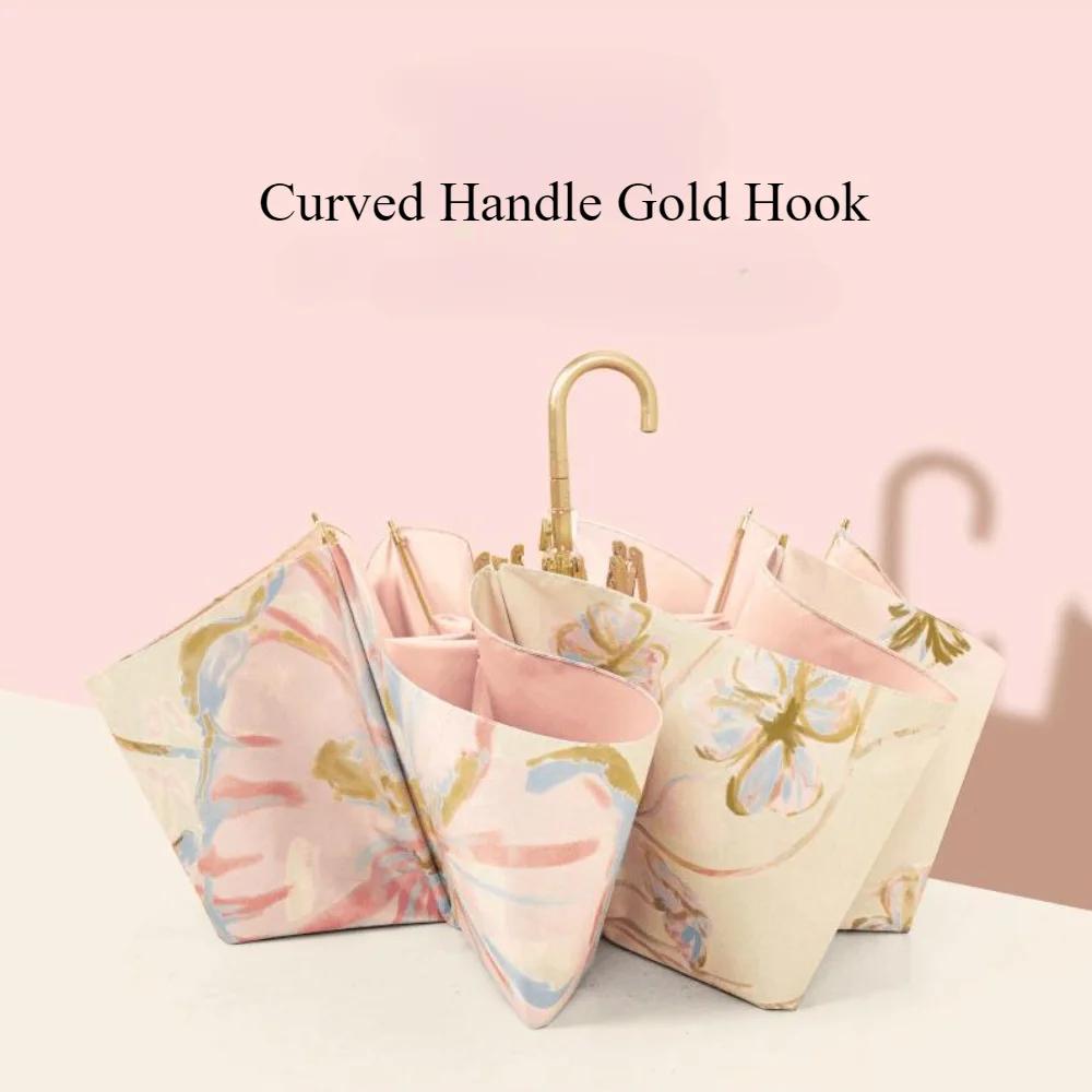 Folding Umbrella Urved Handle Gold Hook Umbrella Vintage Sun Umbrella Protection Anti-Uv Umbrell Rain Dual-Purpose Umbrella
