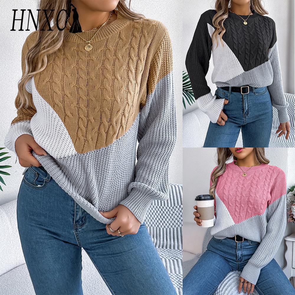 HNXC Autumn and Winter Casual Color-blocking Braided Long-sleeved Pullover Sweater for Women