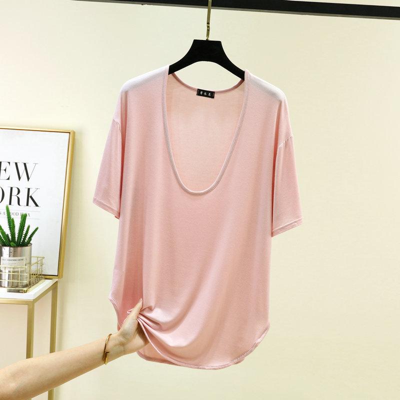 Modal Deep U-Neck Tshirt Summer Loose Short-sleeved T-shirts Simple Thin Tees Casual Tee Tops