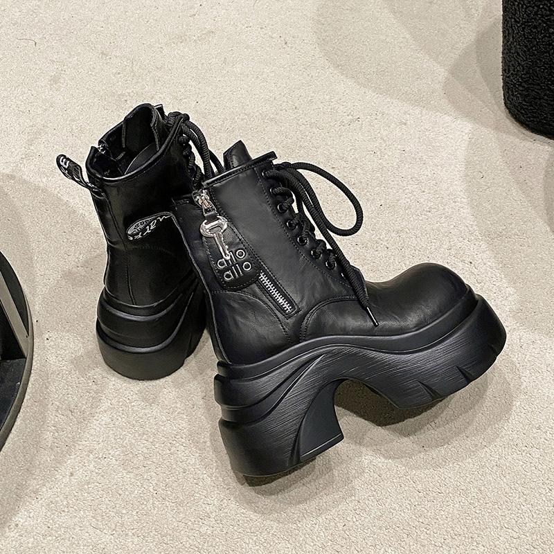 Women's PU Leather Ankle Boots Autumn Winter 9CM Heels Sneakers Round Toe Short Boots Woman Rivets Motorcycle Platform Botas