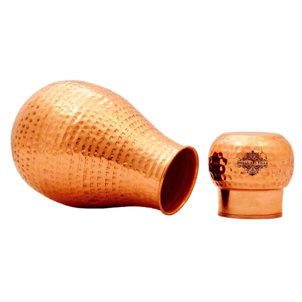 Pure Copper Bedroom Water Bottle with Inbuilt Glass, Matka Design Hammered Finish - Volume 1600 Ml (Pack of 1)