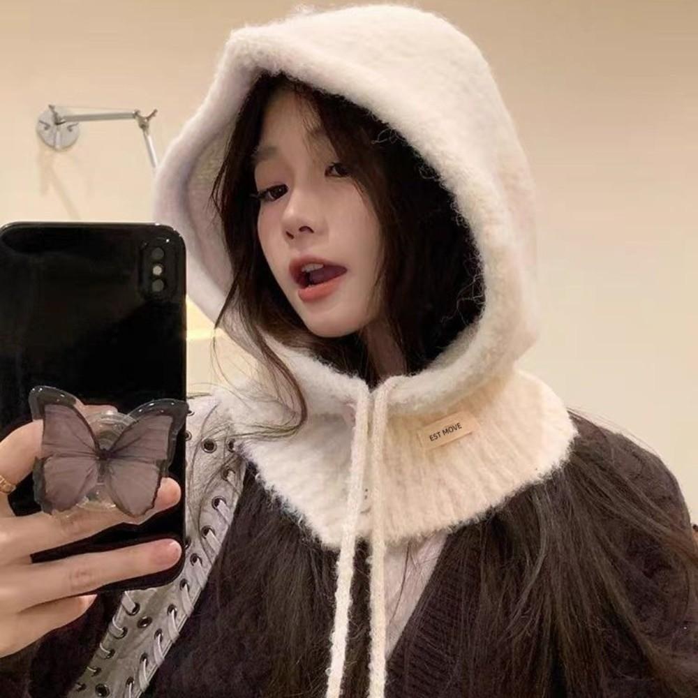 Warm Winter Hat Drawstring Hooded Scarf Cap Korean Style Knitted Balaclava  Women Girl