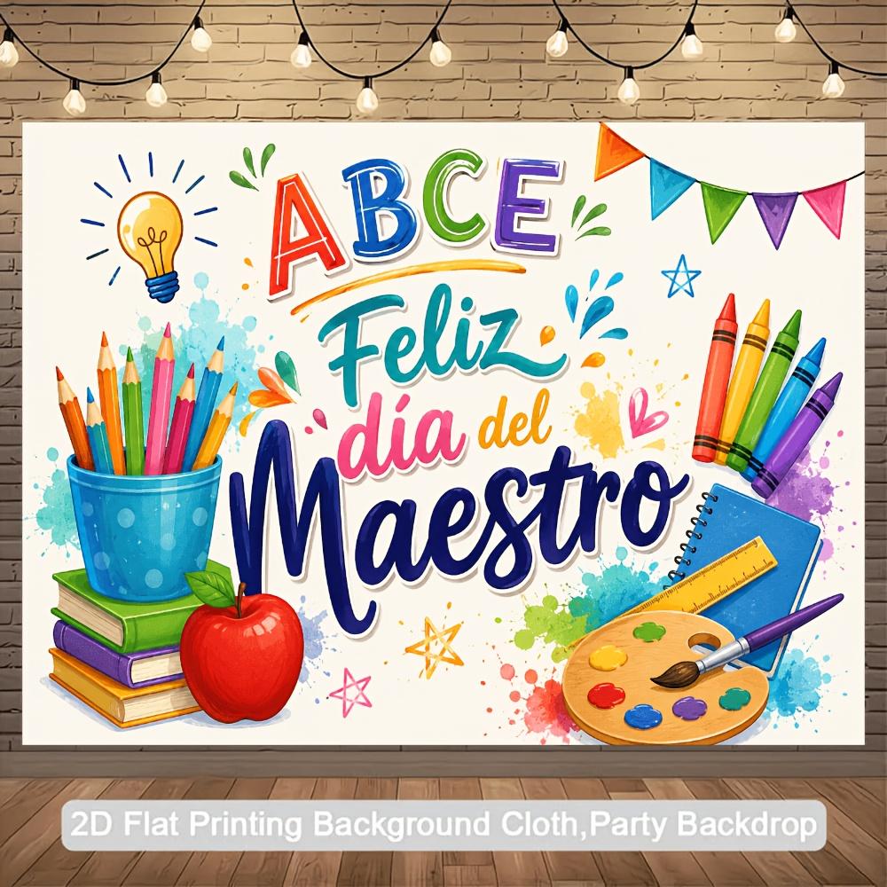 One 2D flag. Teacher's Day celebration banner background, featuring books, apples, and colored pencils.