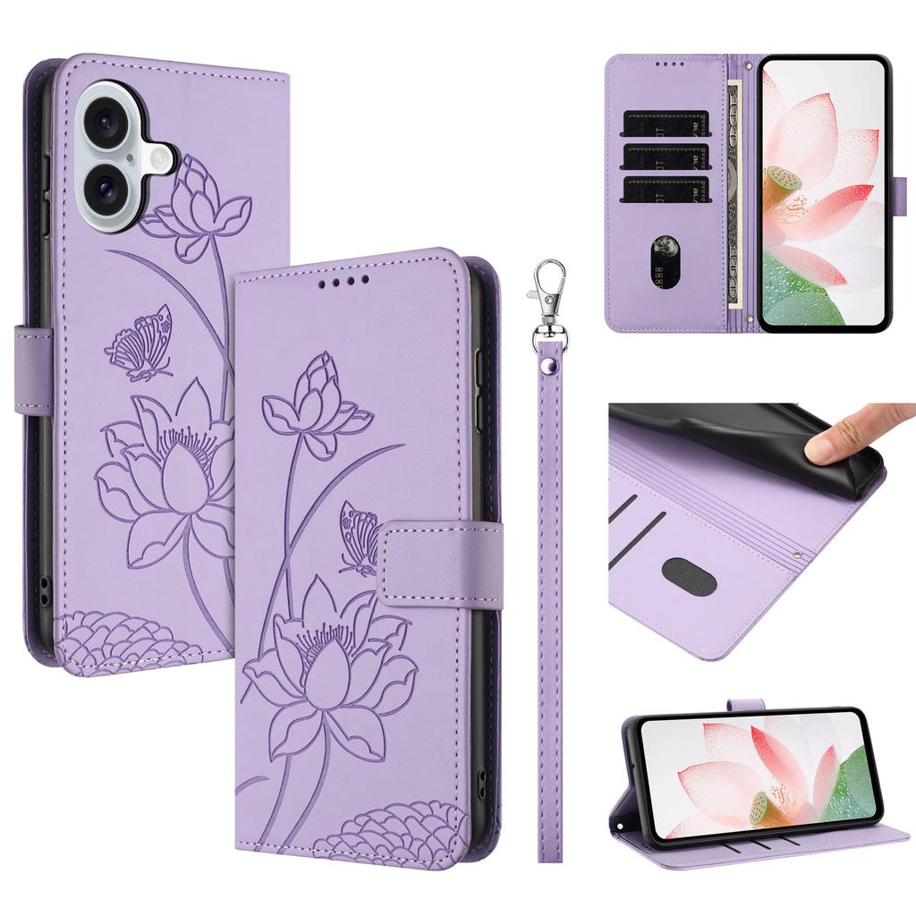 For iPhone 17 Case Wallet Stand Lotus Imprint Leather Phone Cover with Wrist Strap