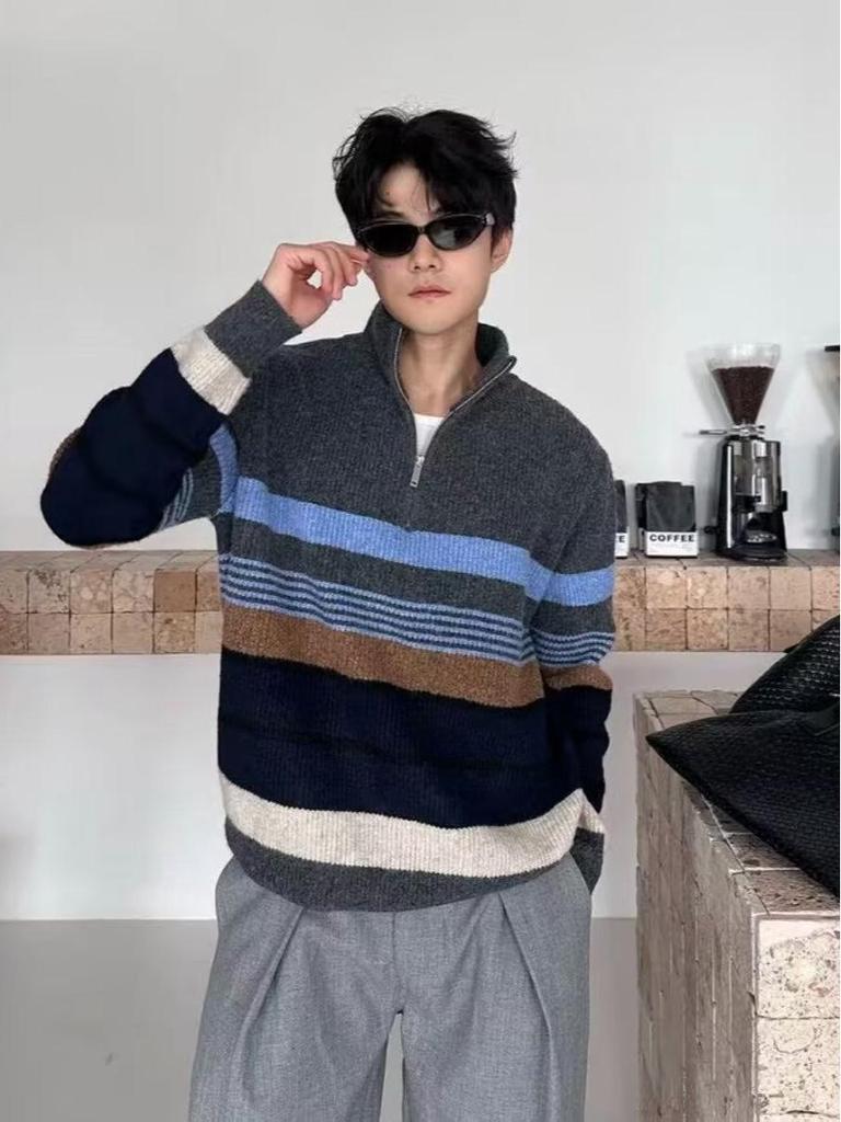Men's Trendy Loose Half-Zip Knit Pullover for Fall and Winter