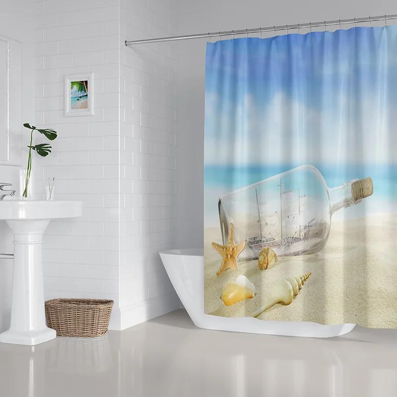 2022 New Shower Curtain Starfish Beach Pattern Bathroom Partition Waterproof  Coconut Sea View Polyester