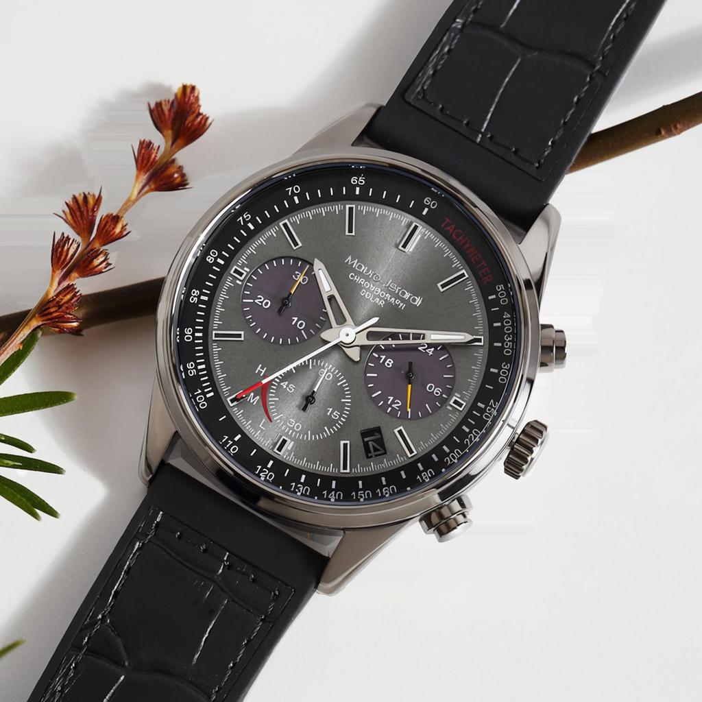 Mauro Geraldi Solar Chronograph Water Resistant to 10 with a Black Silicone and Leather Strap Men's Watch, ATM, (MJ063-1/Black)