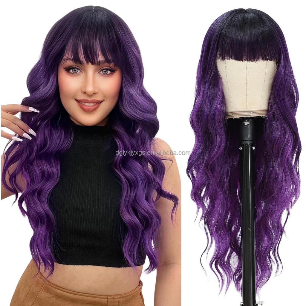 Hot Sales 26Inch Brown Mixed Blonde Wigs with Bangs for Women Wavy Curly Hair Heat Resistant Synthetic Fiber Wigs Women Hair