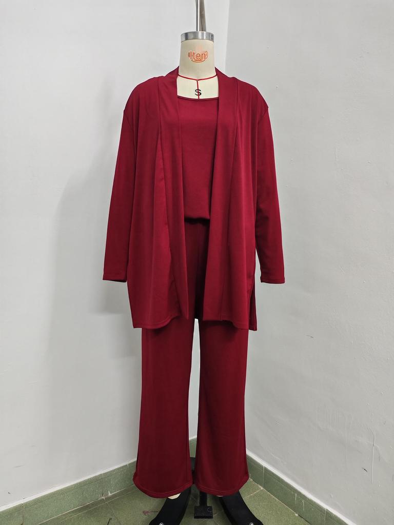 Ensemble trois pièces unicolore pour femme Printemps/Automne 2026: Haut à col rond, Manches courtes, Pantalon long, Manteau de longueur moyenne