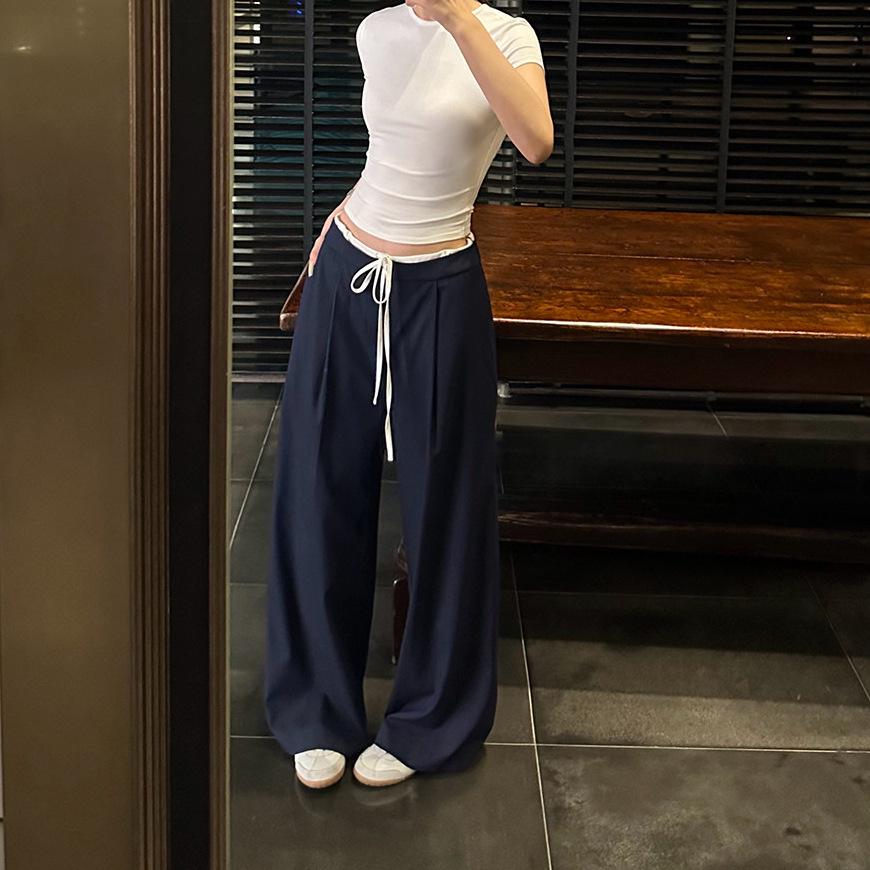5werkwen Stylish Double Waistband Color Block Striped Wide-Leg Pants for Women S