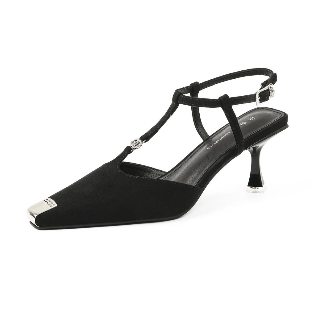 2025 New Model, Back Empty Word with Sandals Women's Suede, Rhinestone Buckle Iron Head Stiletto Strap High Heels Women's Summer