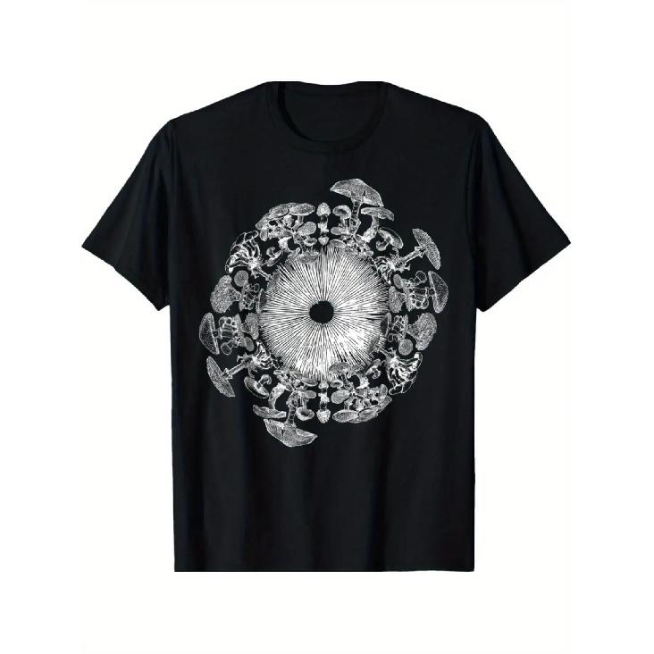 Men'S Mushroom Print T-Shirt - Black, Short Sleeve, Round Neck, All-Season Casual Wear