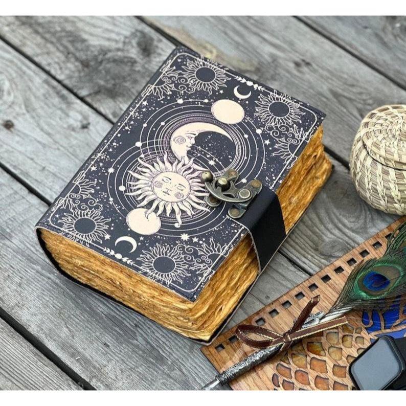 Celestial Sun & moon Handmade vintage leather journal • Deckle edge paper, Blank spell book of shadows grimoire journal, gift for him her