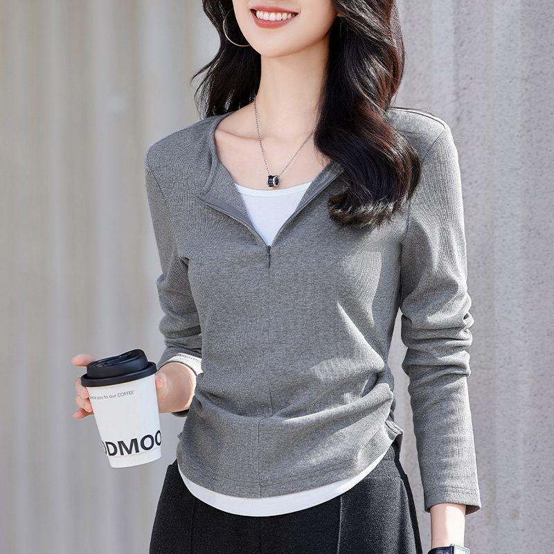 Dámské tričko s falešným dvoudílným designem, sešívané, podzimní vnitřní top s dlouhým rukávem