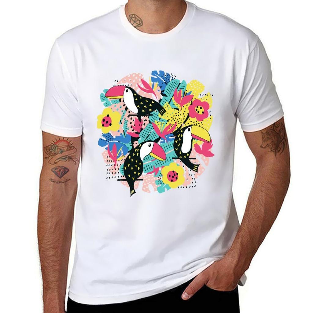 Toucan Floral Pattern Tshirt Casual Fashion Short Sleeve Cotton Tshirt
