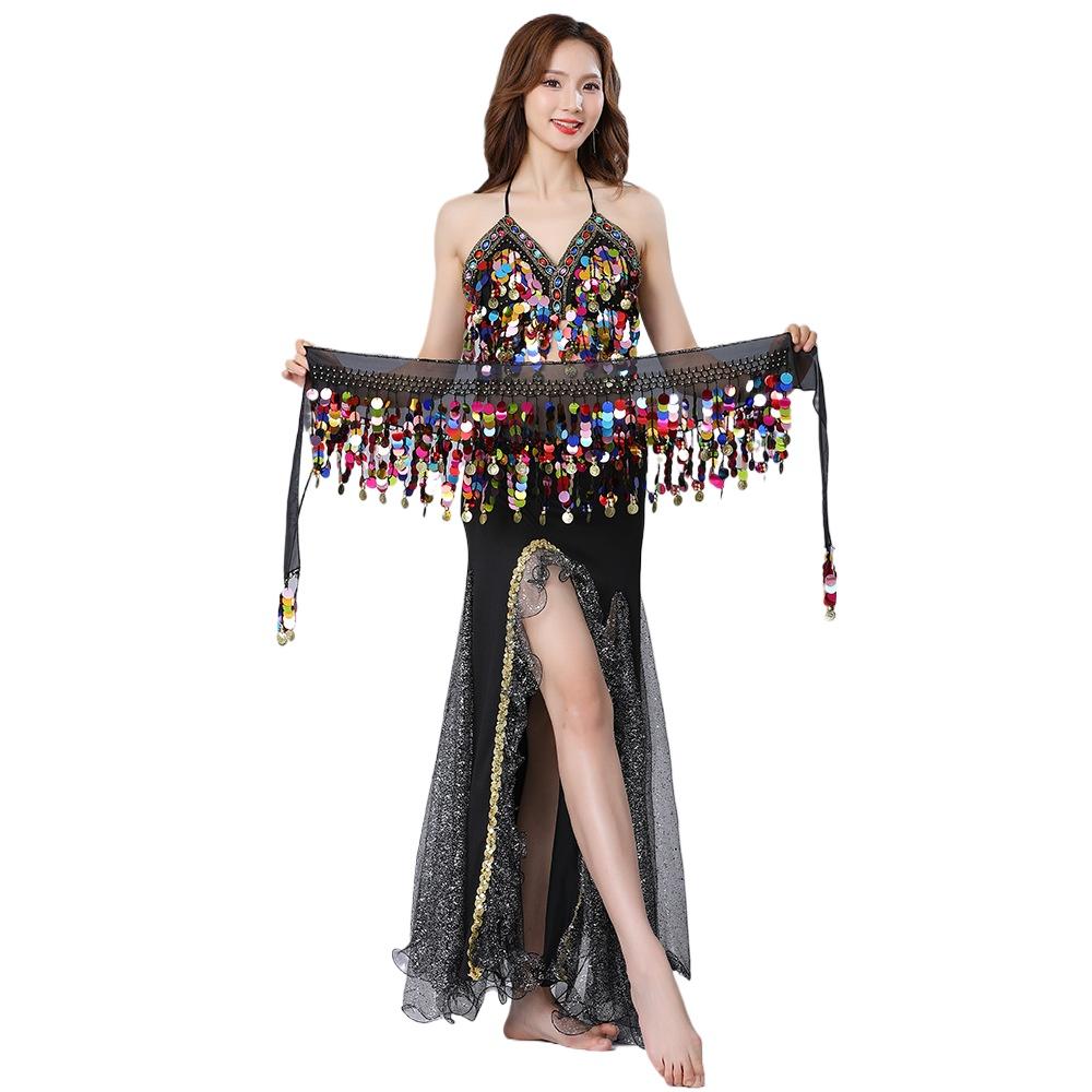 Bauchtanz Set für Damen Bühnenoutfit Sexy Quasten BH Pailletten-Hüftkette Chiffonrock 3-teilig Bauchtanz Performance Kostüm