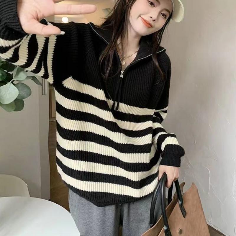 Half High Neck Zipper Stripe Pullover Sweater for Women Top Autumn New Design Feel Loose Knitted Bottom Sweater Pullover Female